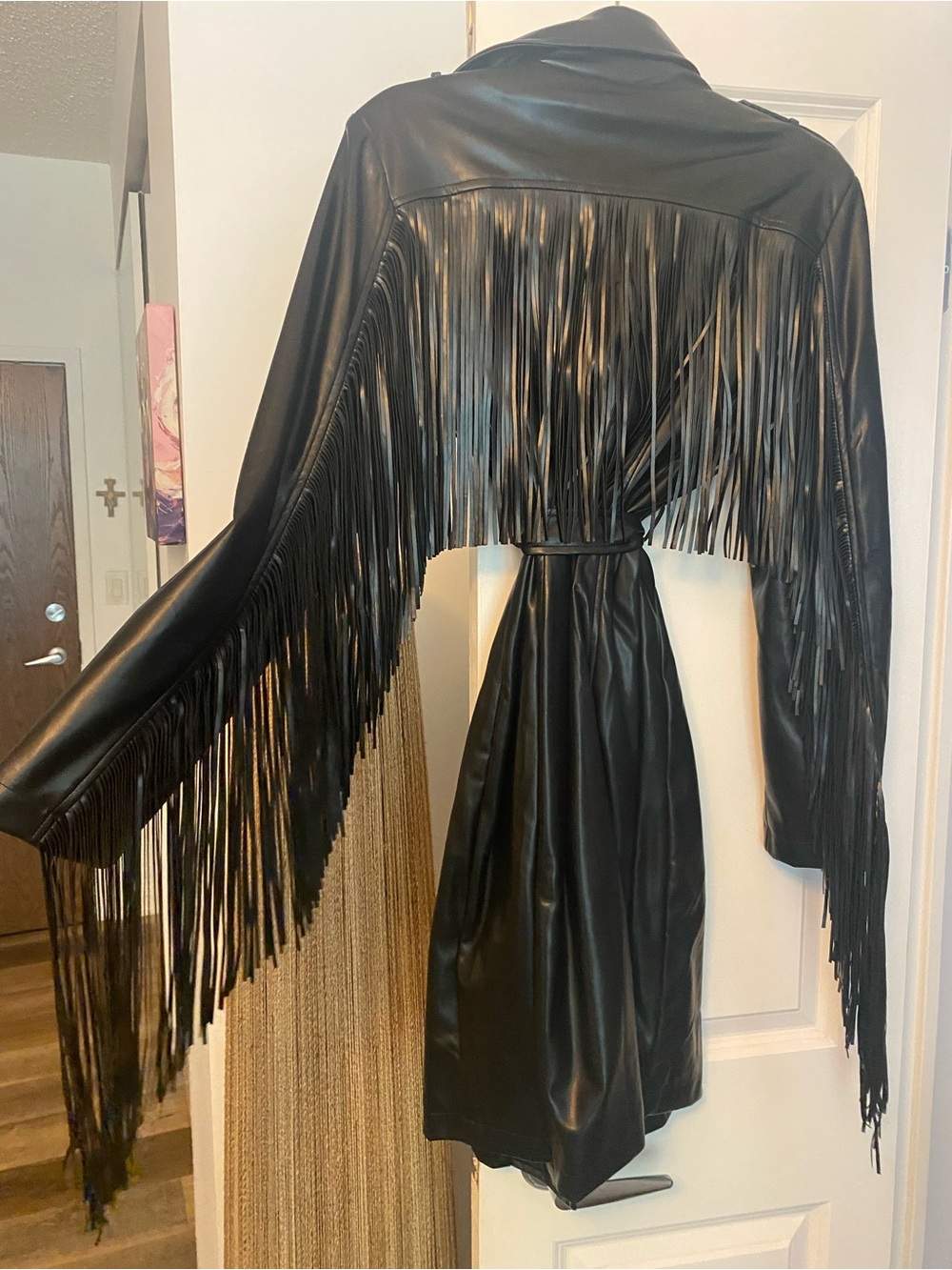 Fringed Black Faux Leather Trench CoatMid Length